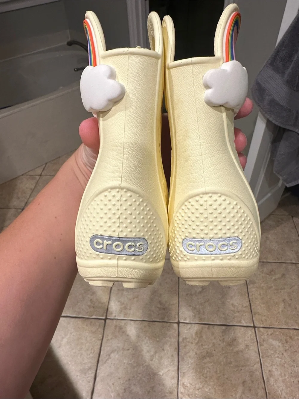 CROCS Kids Pale Yellow Rain Boots with Rainbow & Cloud Charm
